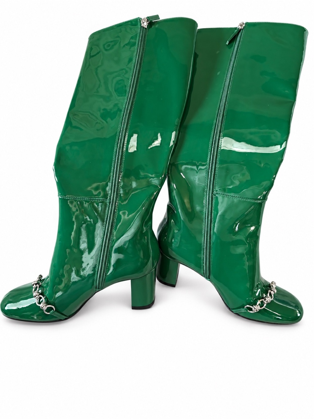 Longchamp Green Patent Boots with Chain Accent NEW with tags missing ball charms